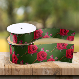 En Satin Ruban de mariage vert à motif de rose rouge
