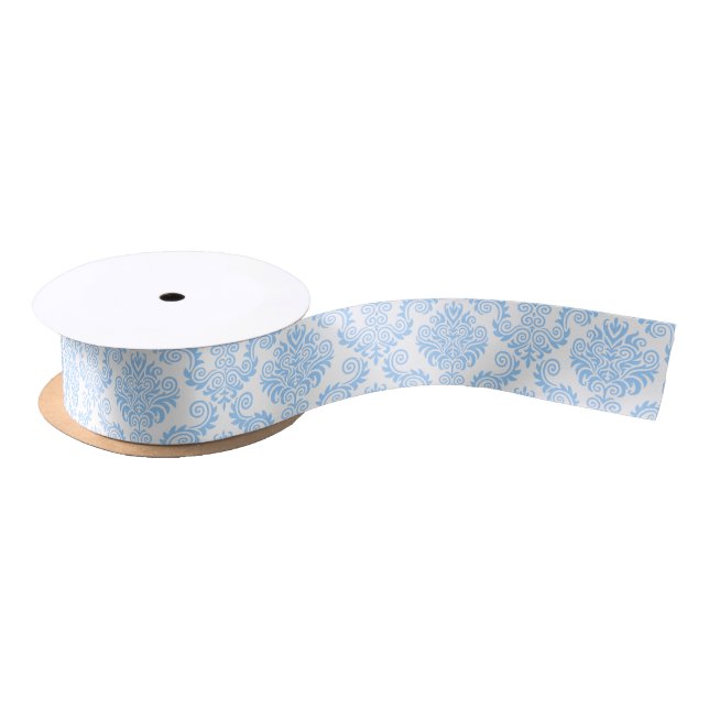 En Satin Ruban de modèle Damas blanc et bleu (Bobine)