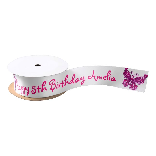 En Satin Ruban de nom d'anniversaire de papillon rose (Bobine)