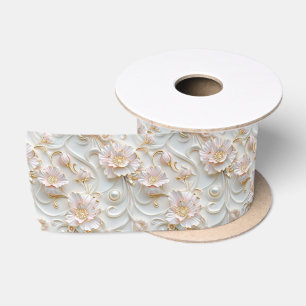 En Satin Ruban Floral Blanc Rose Élégant
