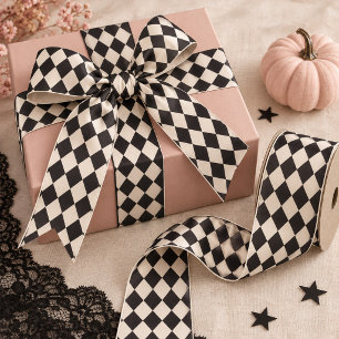 En Satin Ruban Halloween Harlequin Crème Noir