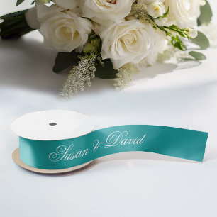 En Satin Ruban Mariage turquoise - Calligraphie simple et é