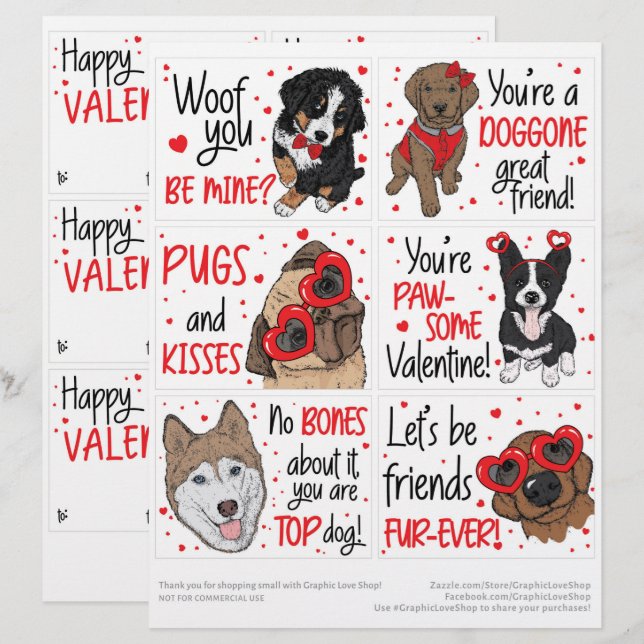 En-tête De Lettre 6 Chiens mignons Enfants Salle de classe Valentine (Devant / Derrière)