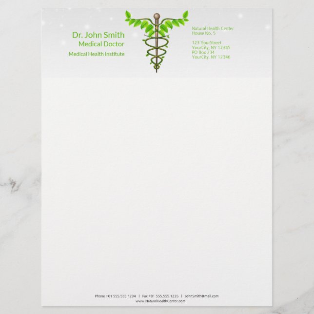 En-tête De Lettre Alternative Médicale Caduceus Vert Feuilles Blanc (Devant)