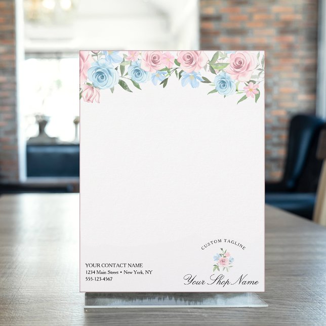 En-tête De Lettre Aquarelle bleue et rose, Nom d'entreprise (Créateur téléchargé)