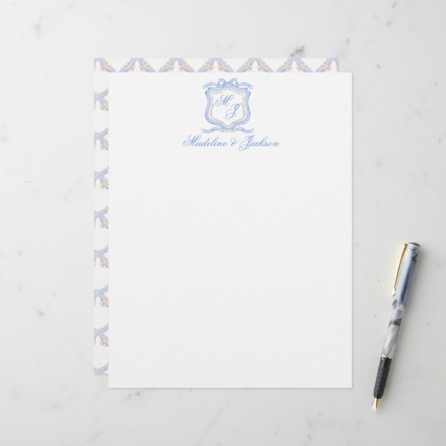 En-tête De Lettre Aquarelle Designer Blue Monogram Crest Mariage (Devant/Arrière en situation)