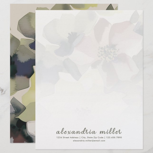 En-tête De Lettre Aquarelle Floral et Papeterie verte (Devant / Derrière)