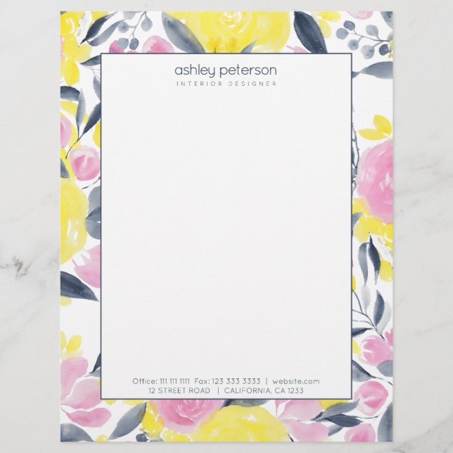 En-tête De Lettre Aquarelle jaune rose indigo bleu floral (Devant)
