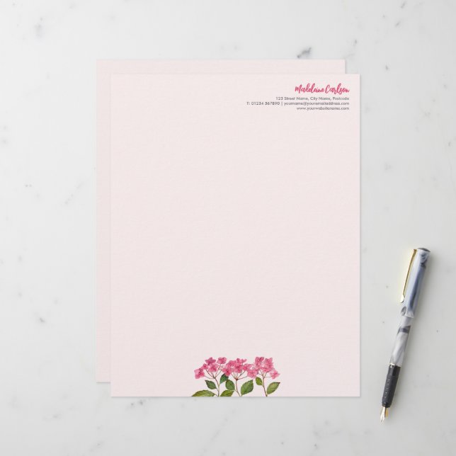 En-tête De Lettre Aquarelle rose Hydrangée Lacecaps Illustration (Devant/Arrière en situation)