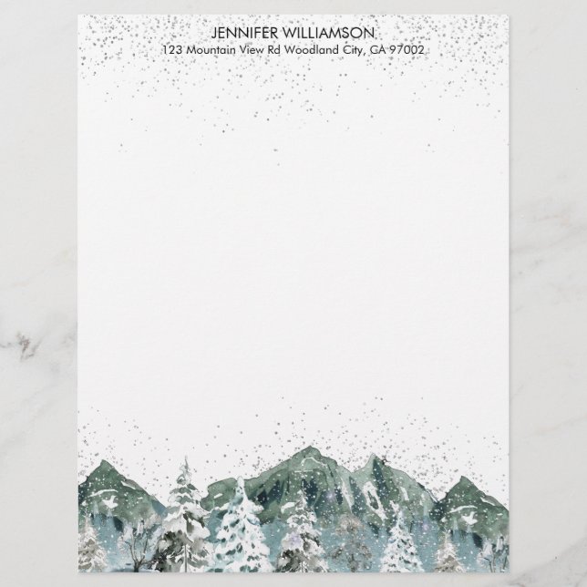 En-tête De Lettre Aquarelle Snowy Winter Mountains Forêt Arbres (Devant)