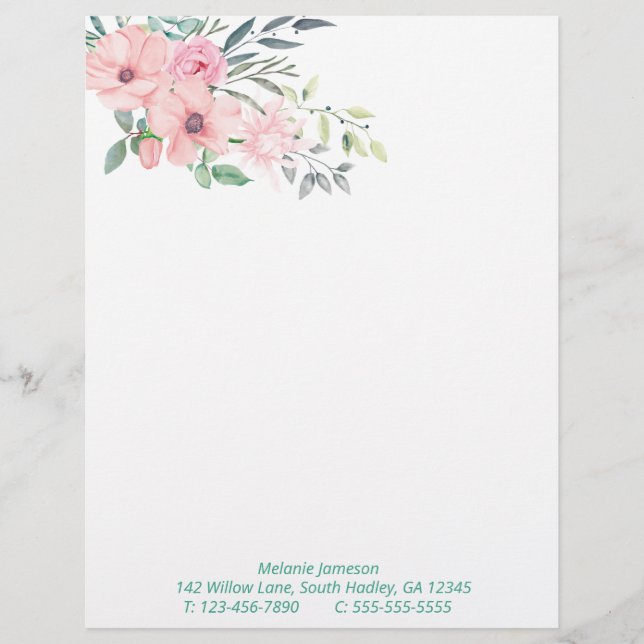 En-tête De Lettre Arrangement floral et botanique rose simple (Devant)