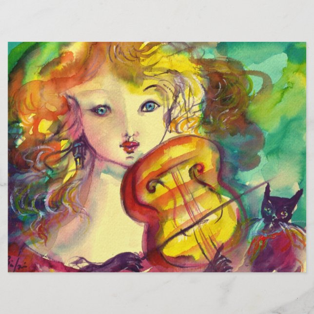 EN-TÊTE DE LETTRE AVEC MOTIF FILLE VIOLINISTE, VIOLIN ET CAT (Devant)