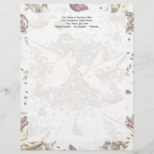 En-tête De Lettre Avec Motif Inséparables vintages, deux colombes blanches flor