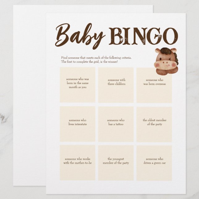 En-tête De Lettre Baby shower jeu de bingo brun modèle personnalisé (Devant / Derrière)