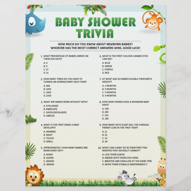 En-tête De Lettre Baby shower Trivia Baby shower Jeu [Thème animal] (Devant)