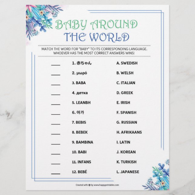 En-tête De Lettre Bébé autour du monde [Floral bleu] (Devant)