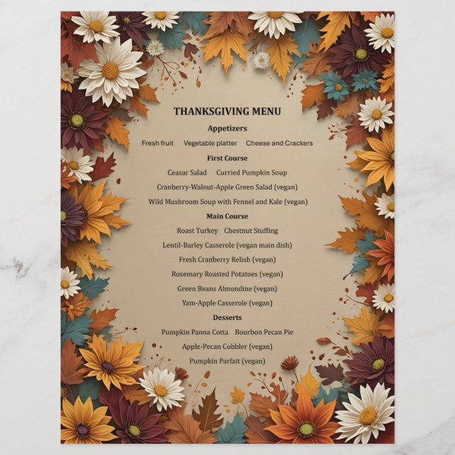 En-tête De Lettre Belles fleurs d'automne Feuilles Menu Invitation (Devant)