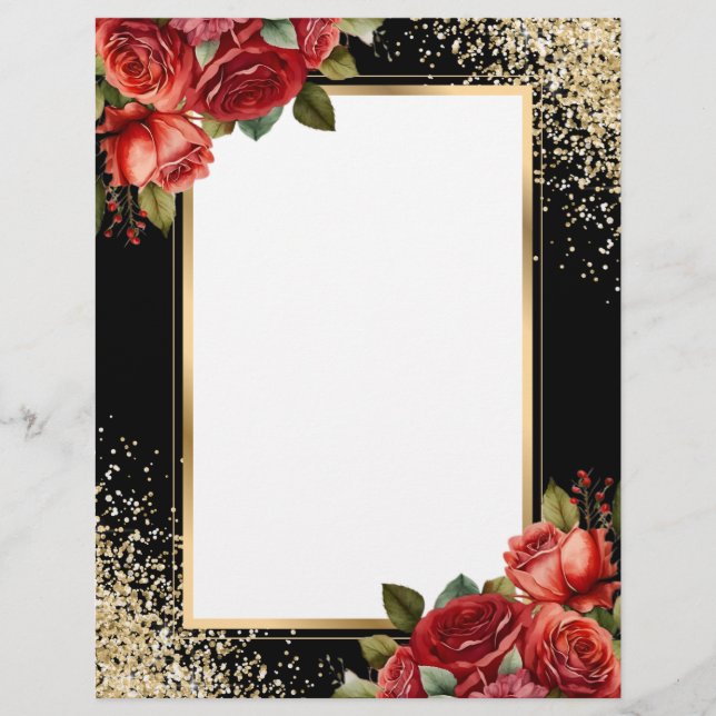En-tête De Lettre Black Gold Glitter Red Roses (Devant)