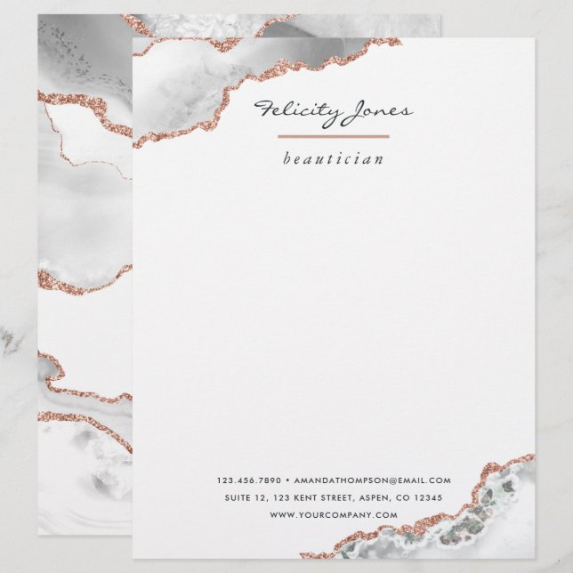 En-tête De Lettre Blanc et Rose Gold Agate Pierre Business (Devant / Derrière)