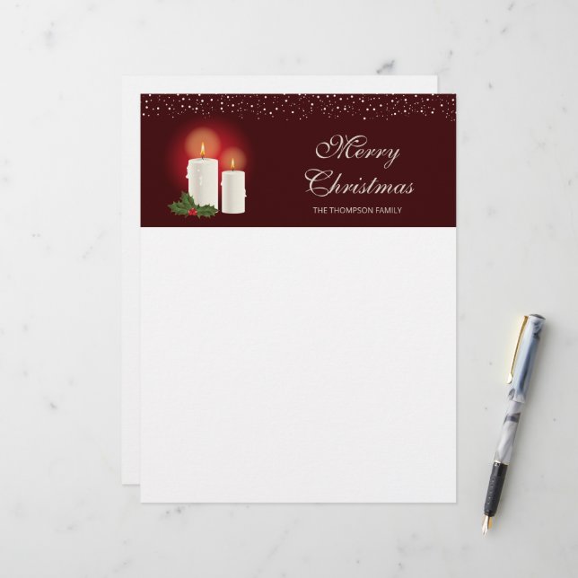 En-tête De Lettre Bougies De Noël Blanches Sur Rouge Avec Texte Pers (Devant/Arrière en situation)