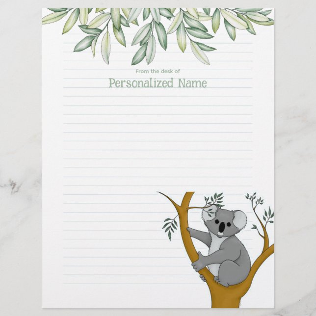 En-tête De Lettre Callie Koala Eucalyptus Lined (Devant)