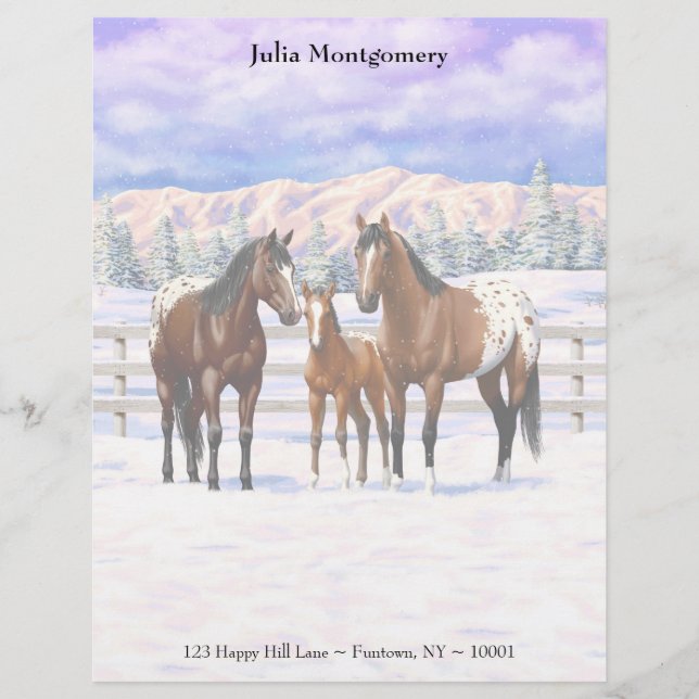En-tête De Lettre Chevaux Appaloosa De Baie Brown En Neige (Devant)