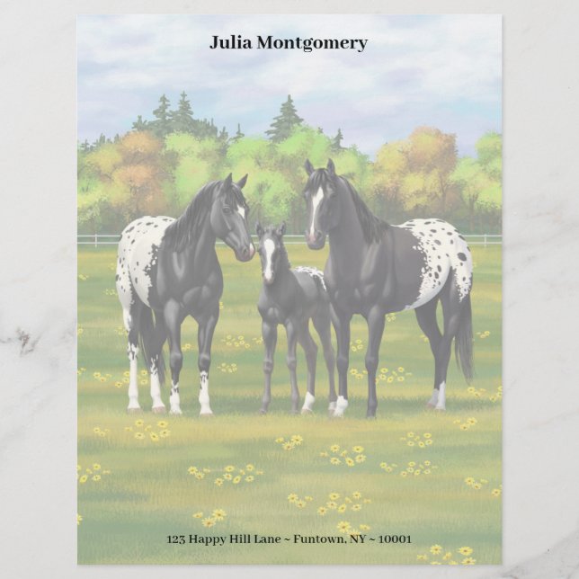 En-tête De Lettre Chevaux Appaloosa Noir Dans Les Pâturages D'Été (Devant)