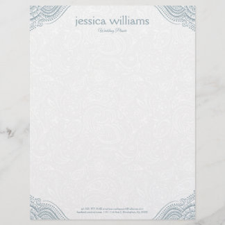 En-tête De Lettre Coins Mandala Gris Bleu Sur Paisley Blanc