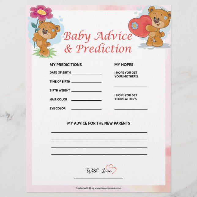 En-tête De Lettre Conseils et prédiction pour bébé [Nounours] (Devant)