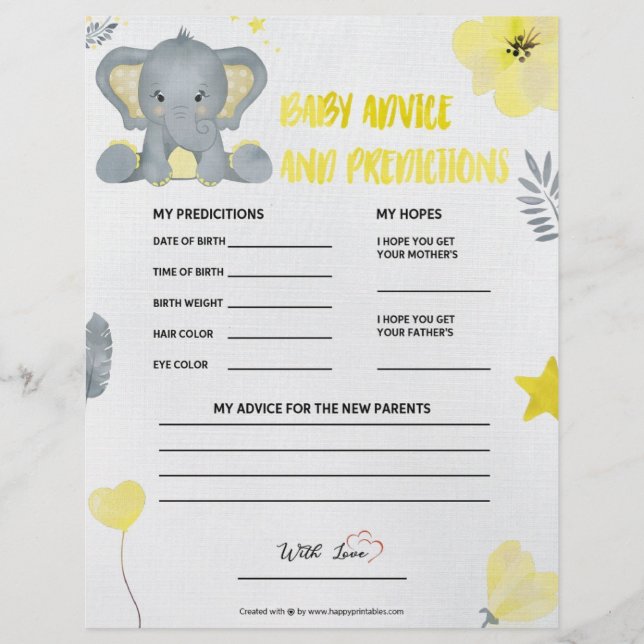 En-tête De Lettre Conseils et prédictions pour bébé [Eléphant pour b (Devant)