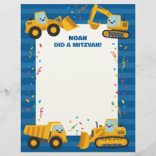 En-tête De Lettre Construction Camions Nom personnalisé Mitzvah Note