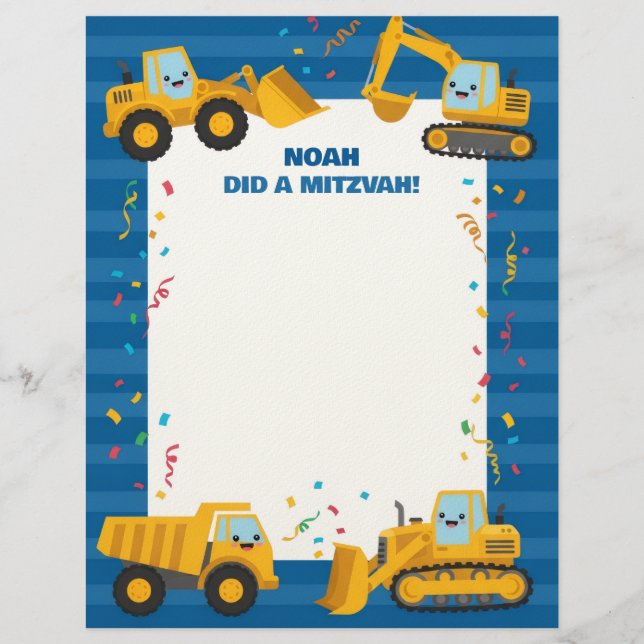 En-tête De Lettre Construction Camions Nom personnalisé Mitzvah Note (Devant)