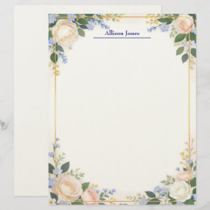 En-tête De Lettre Crème et floral bleu avec cadre doré