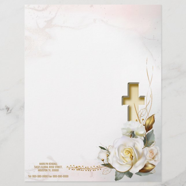 En-tête De Lettre Croix d'or rose blanche Floral (Devant)