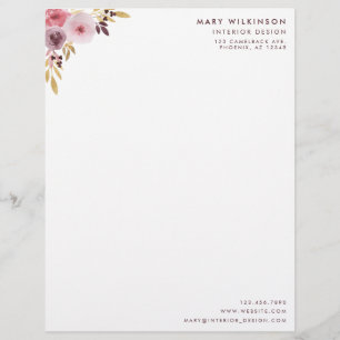 En-tête De Lettre Customisable Fleur et feuille roses, mauve, et pourpres