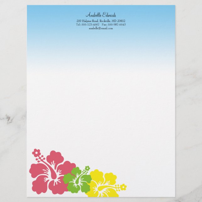 En-tête De Lettre Customisable fleurs d'hibiscus hawaïens été tropical rose (Devant)