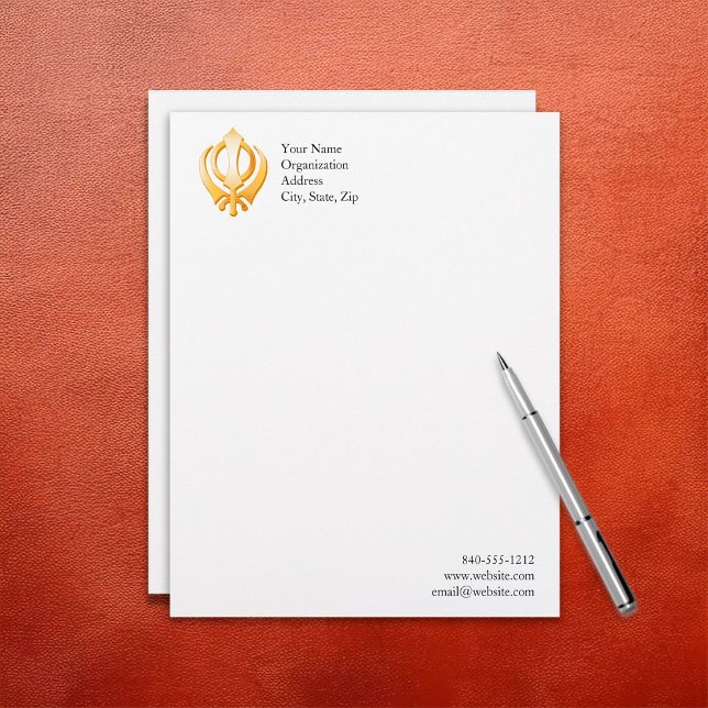 En-tête De Lettre Customisable Symbole sikh (Sikh Letterhead, Gold Khanda, symbol of the Sikh religion. Customize with your text.)
