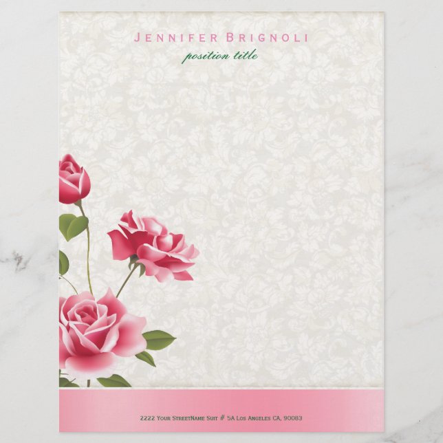 En-tête De Lettre Customisée Roses roses roses Damas beige (Devant)