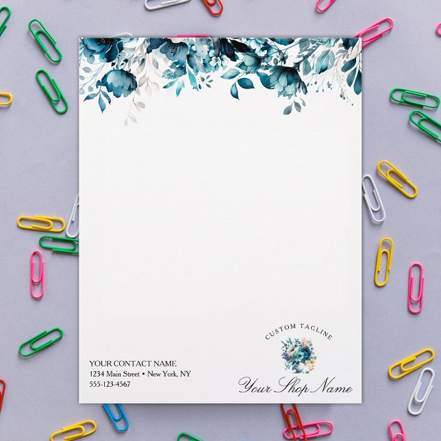 En-tête De Lettre Elégant bleu marine aquarelle floral, nom d'entrep (Créateur téléchargé)