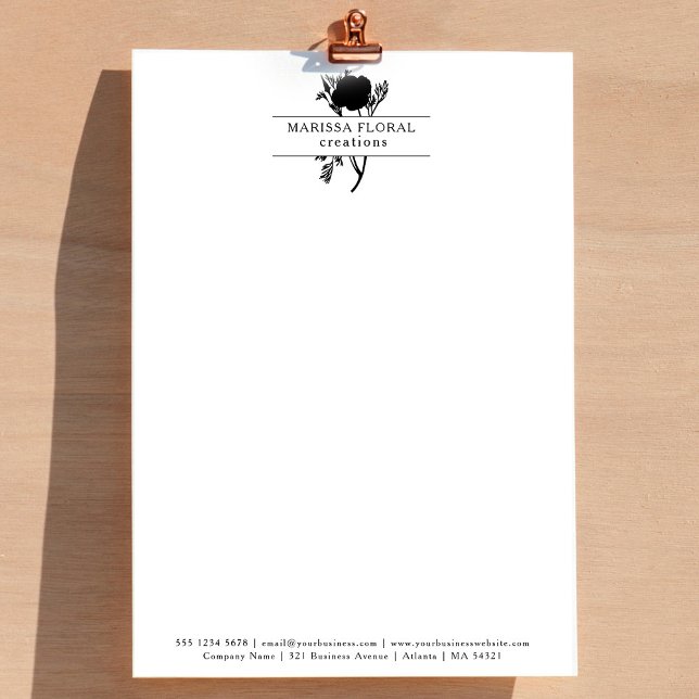 En-tête De Lettre Élégant floriste noir blanc floriste Botanique (Elegant Black White Florist Botanical Flower Shop Letterhead)