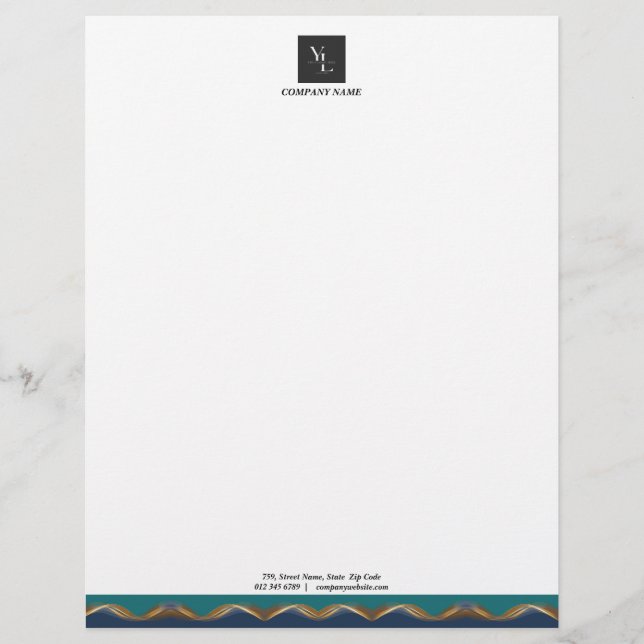 En-tête De Lettre Elégant Gold Wave Blue Turquoise avec logo d'entre (Devant)