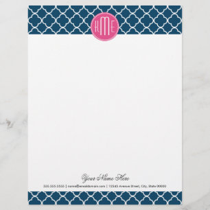 En-tête De Lettre Élégant Quatrefoil bleu de la marine avec monogram