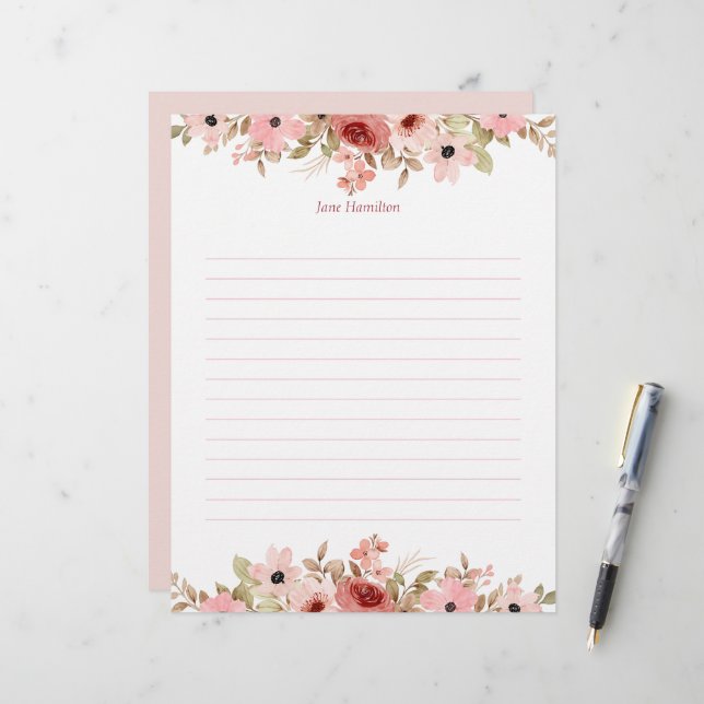 En-tête De Lettre ELLE Rose Fleur Élégante Lined (Devant/Arrière en situation)