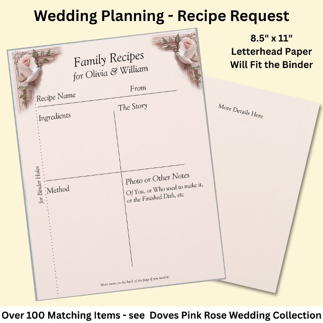 En-tête De Lettre Family Recipe Sheets, Pink Roses & Doves Wedding (Créateur téléchargé)