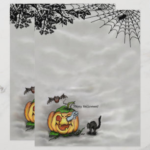 En-tête De Lettre Fantôme, Chat, Chat et Citrouille, Bonne Halloween