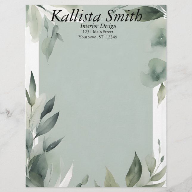 En-tête De Lettre Feuilles Sage Green et White (Devant)