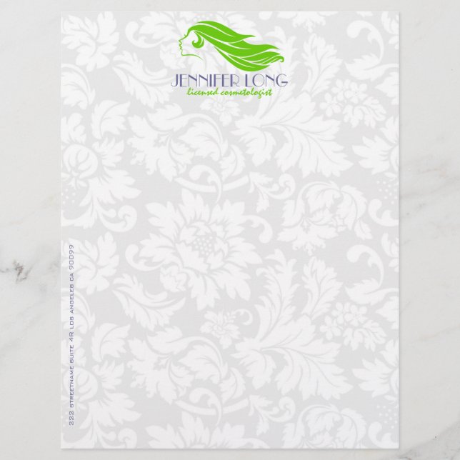 En-tête De Lettre Fille Vert Et Blanc Damas Beauté/Cosmetologie 2 (Devant)