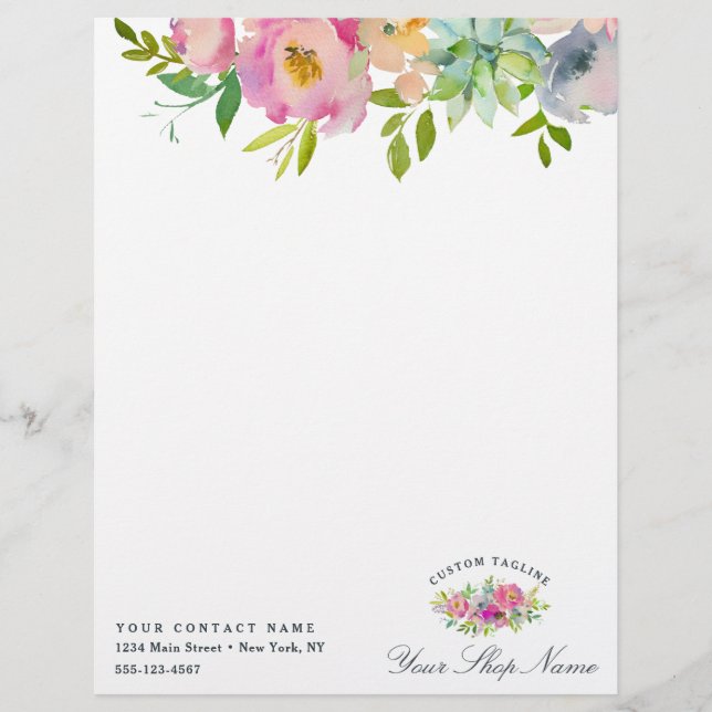 En-tête De Lettre Fleur Chic Mint & Blush Pink Floral Business (Devant)