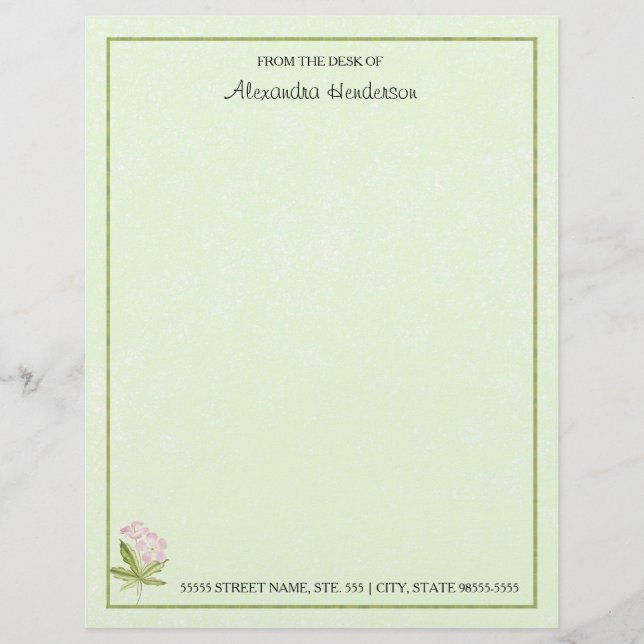 En-tête De Lettre Fleur sauvage vert assez rose d'aquarelle avec le (Devant)