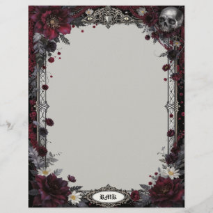 En-tête De Lettre Gothique avec fleurs rouges et blanches et crâne